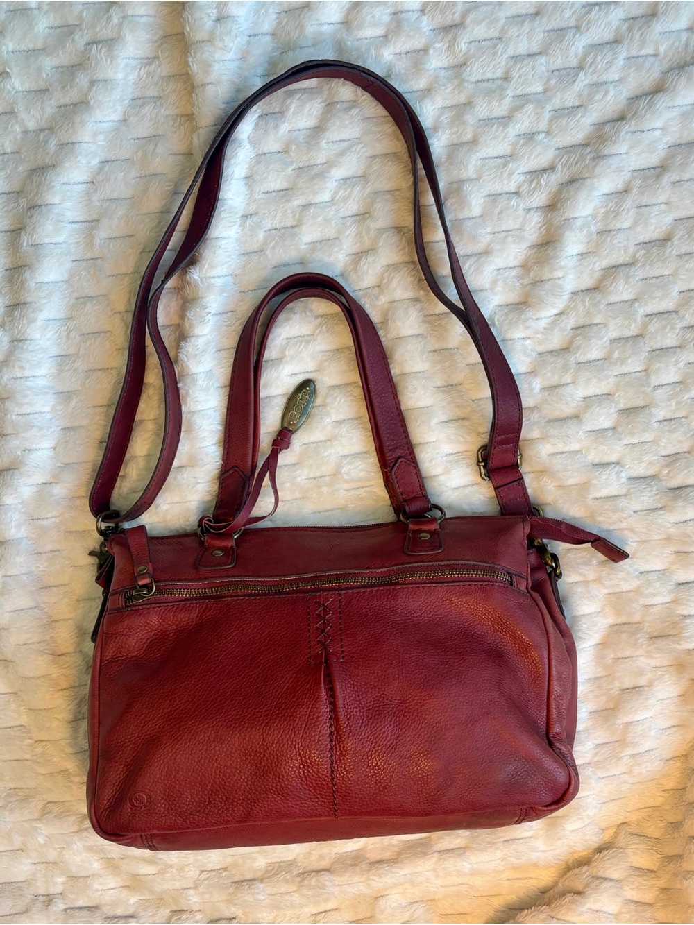 Born Burgundy Pebbled Leather Multi Pocket Satchel Crossbody Gold Hardware